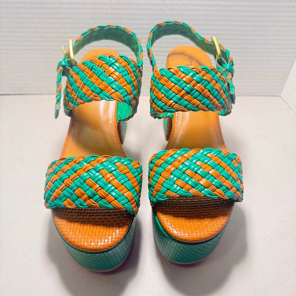 Charlotte Stone sola in Kite Woven Green and Orange 4” Platform Heels Sz W9